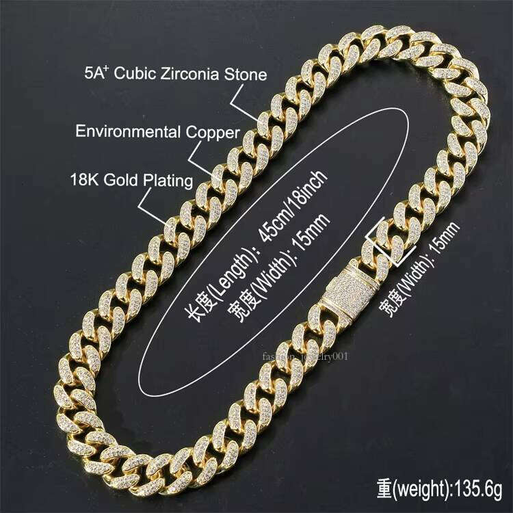 Hip Hop Sier Cuban Link Chain for Men 15MM Moissanite Dia Iced Out Bling Rapper Necklace