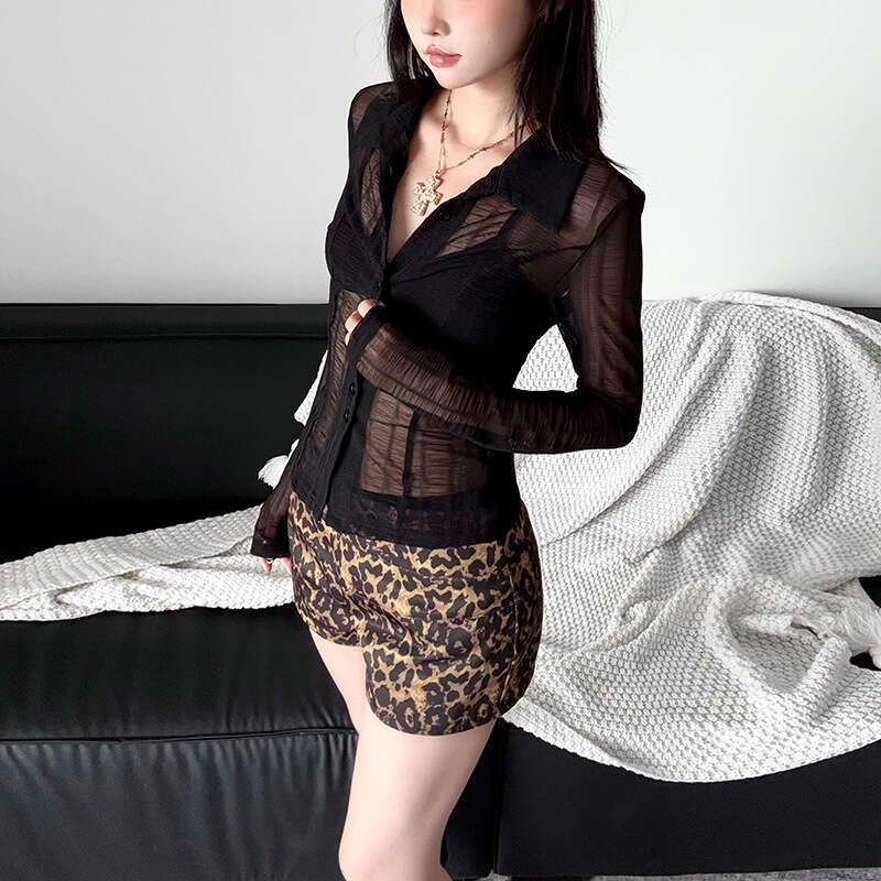 2024 Autumn New Style Solid Color Slim Fit Turn-Down Collar Long Sleeve Top Fashion Low Waist Leopard Print Shorts for Women ec9