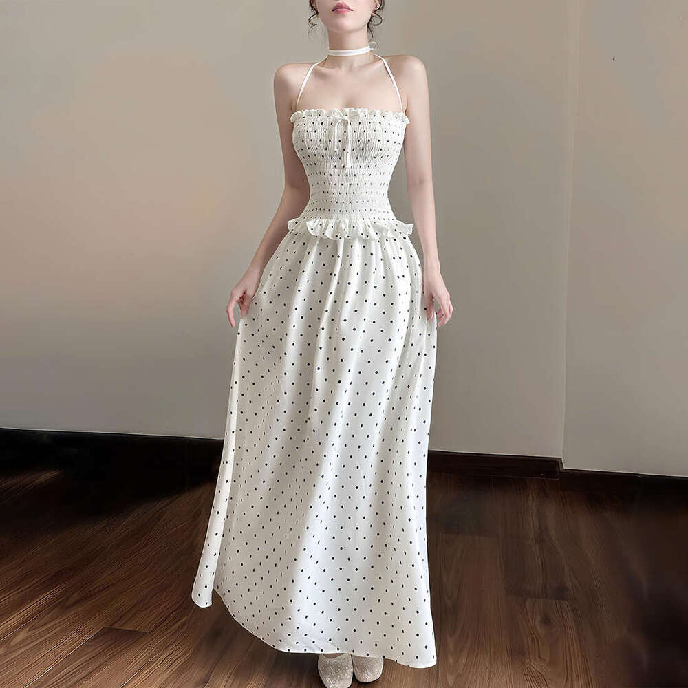 2025 Summer New French Style Polka Dot Print Halter Neck Sleeveless Pure Desire High-end Elegant Dress 21d
