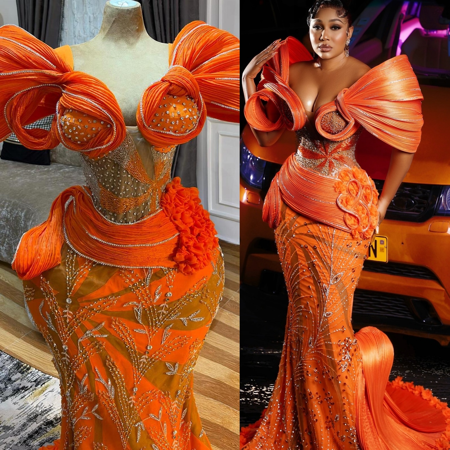 Mermaid Orange Prom Dresses 2025 Beaded Crystals Flowers Stylish Evening Formal Party Second Birthday Engagement Gowns Plus Size Dress For Special Occ