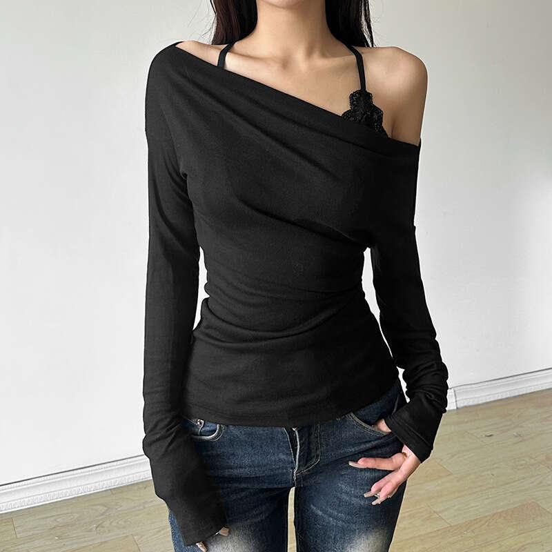 2024 Autumn New Women's Solid Color Slim Street Fashion Asymmetrical Neck Long Sleeve Top Two-Piece Set 5f4