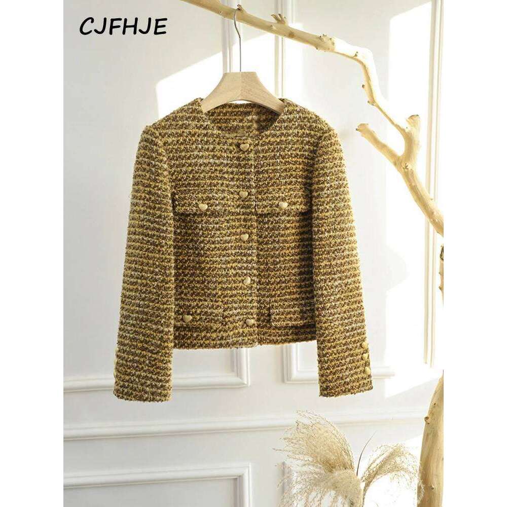 Designer Clothing 2025 CJFHJE Women's Gold Short Woolen Autumn Winter New Korean Fashion Tweed Coat Elegant Retro Female OL Outwear Wool Jacket