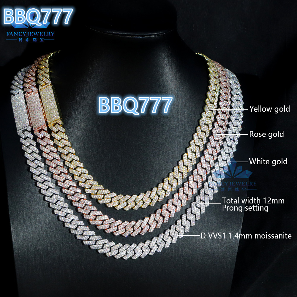 Factory Hot Selling Hip Hop Cuban Link Chain Iced Out Vvs Moissanite Jewelry 8mm 10mm 12mm S925 Silver Cuban Chain Necklace