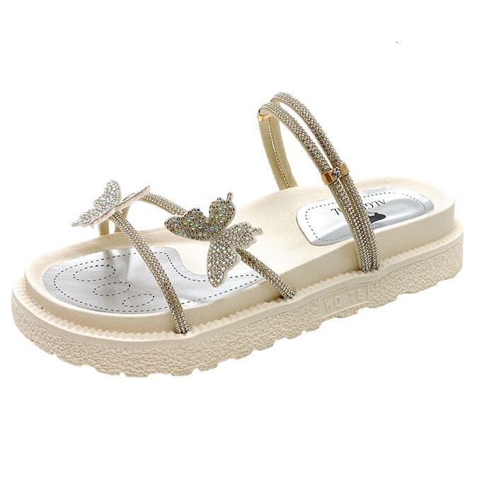 Ddmysports Fairy Style Beach Two Way Sandals French For Women Summer Outdoor New Butterfly Rhinestone Decorated One Strap Slippers Outdoor Shoes