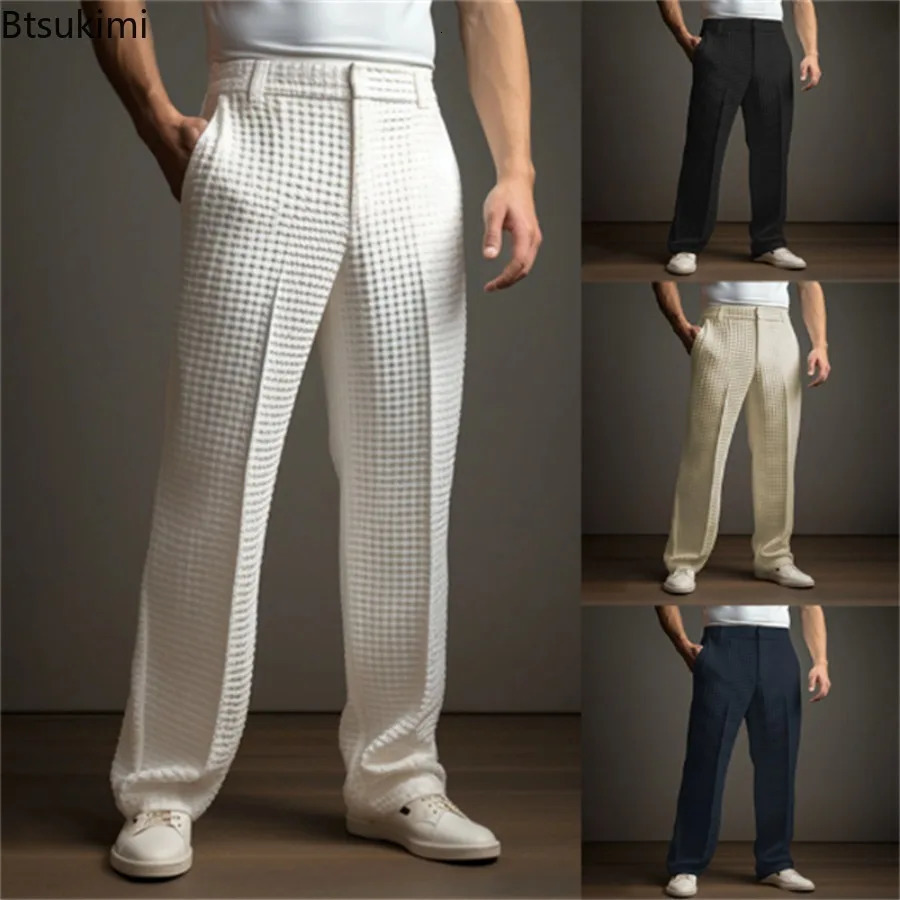 2025 Mens Elegant Waffle Suit Pants Solid Loose Straight Trousers Business Social Dress Casual Vacation for Men 250725