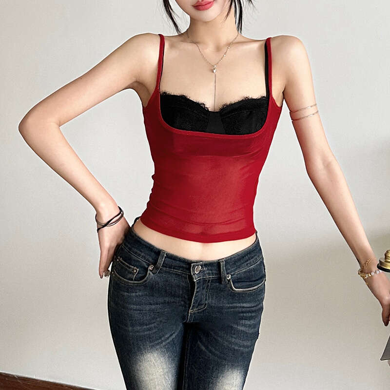 2025 Spring New Women's Solid Color Slim Fit Fashion Strapless Tube Top Mesh Two-Piece Set Vest 8b9