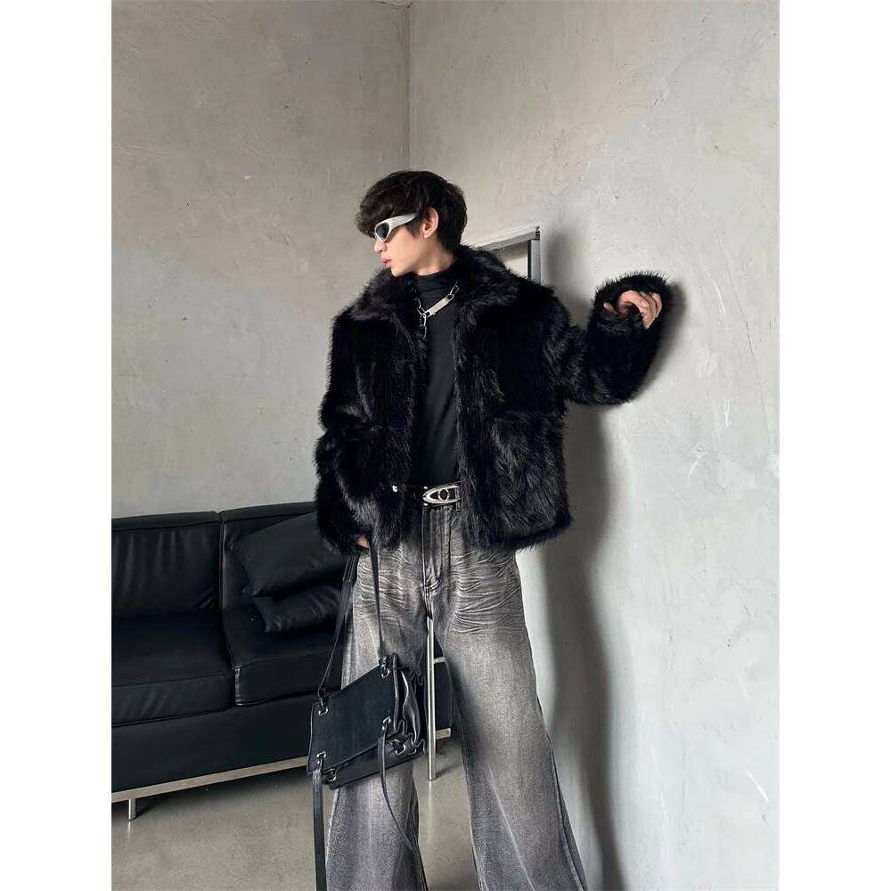 Stylish Mink Short Coats Loose High-End Retro Faux Fur Men's 2025 Autumn New Stand-Up Collar Black Long Sleeve Chic Jacket Tops