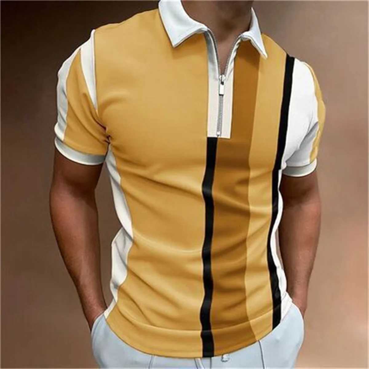 Summer New Mens Casual Striped Printed Polo Shirt Mens Fashion Short Sleeve Zipper Lapel Polo Shirt XJ250725