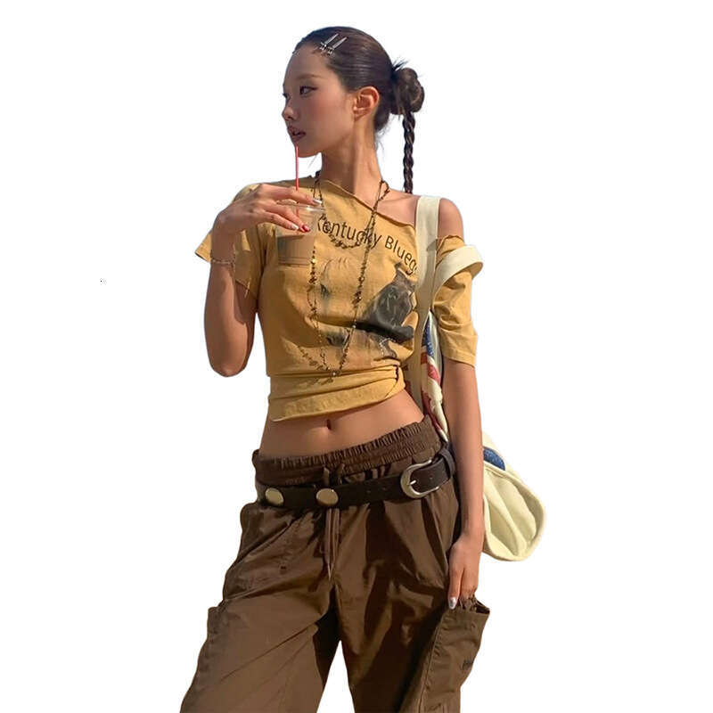 2025 Women's Summer New Street Fashion Letter Print Short Sleeve Asymmetric Neck T-Shirt bc2