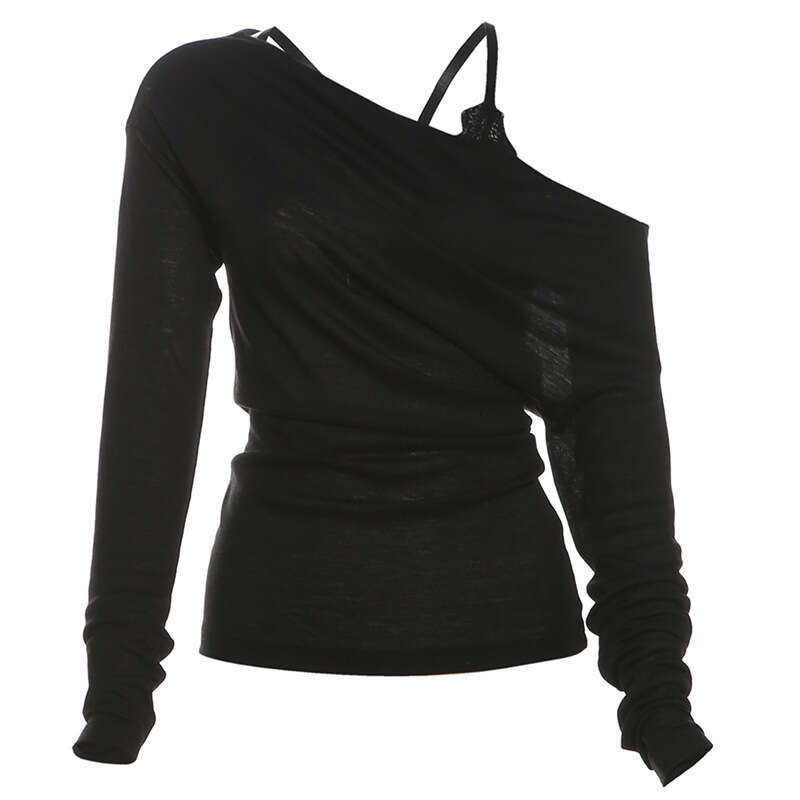 2024 Autumn New Women's Solid Color Slim Street Fashion Asymmetrical Neck Long Sleeve Top Two-Piece Set 5f4
