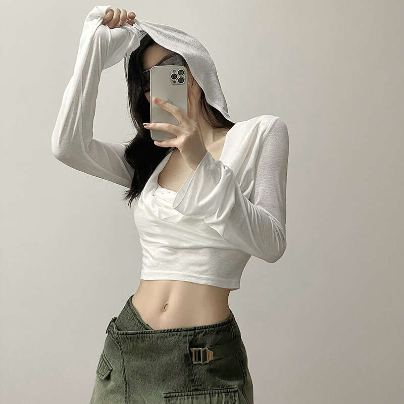 2023 Spring New Women's Solid Color Slim Fit Crop Top Fashion V-neck Hooded Long Sleeve Sun Protection Shirt 7bf