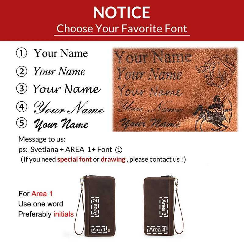 Cow Leather Name Engraving Wallet Men Clutch Bag Zipper Male Phone Purse Coin Pocket Card Holder Leather Clutch Wallets Handbags Z250725