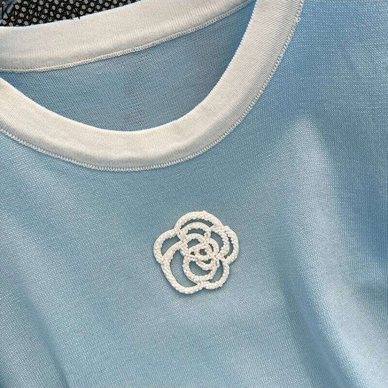 Designer Leisure High Quality 2025 Summer Thin Ice Silk Knitted Sweater T-shirt Women Round Neck Short Sleeve Patchwork Pullovers Knitwear Tops Ladies