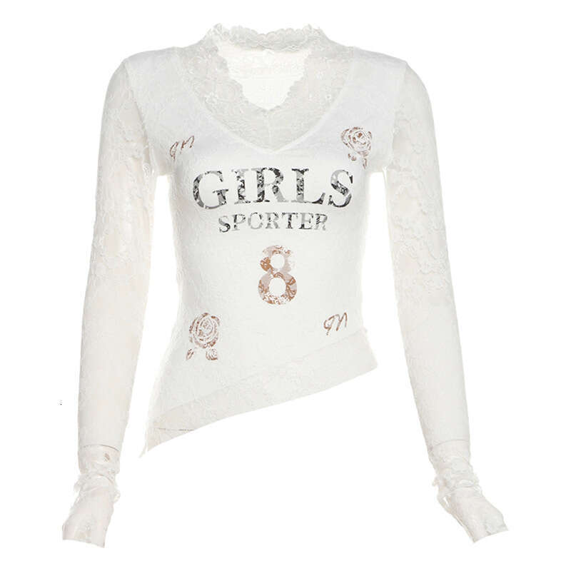 2024 Autumn New Women's Fashion Solid Color Slim Street Style V-Neck Long Sleeve Printed Top 55b