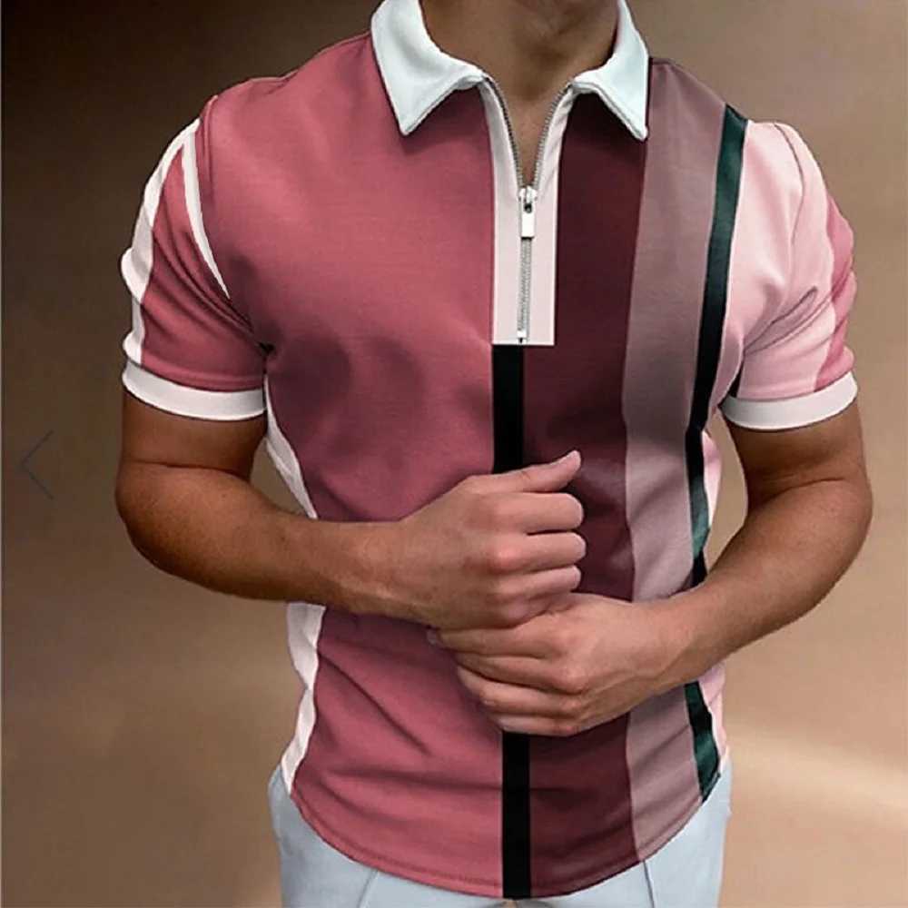 Mens Casual Striped Zipper Polo Shirt Personalized Printed Lapel Pullover Versatile Mens Tops Fashionable Mens ClothingXJ250725
