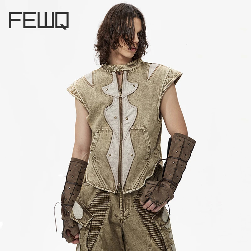 FEWQ PU Leather Splicing Sleevless Male Denim Vest Contrast Color Stand Collar Washing Summer Loose Mens Coats Niche 24K4262 250725