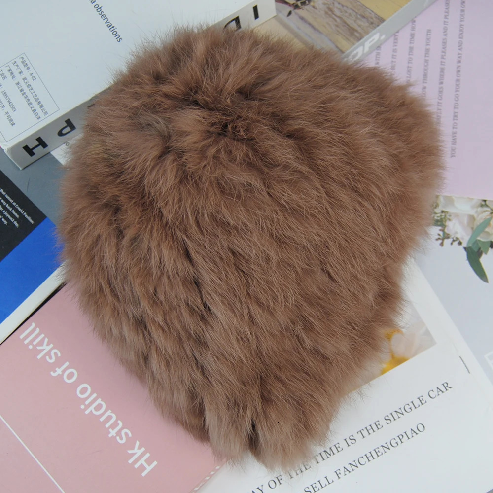 Russian Women Good Elastic Rabbit Fur Skull Cap Lady Winter Warm Knitted Genuine Rabbit Fur Hats Outdoor Fluffy Fur Caps 250724