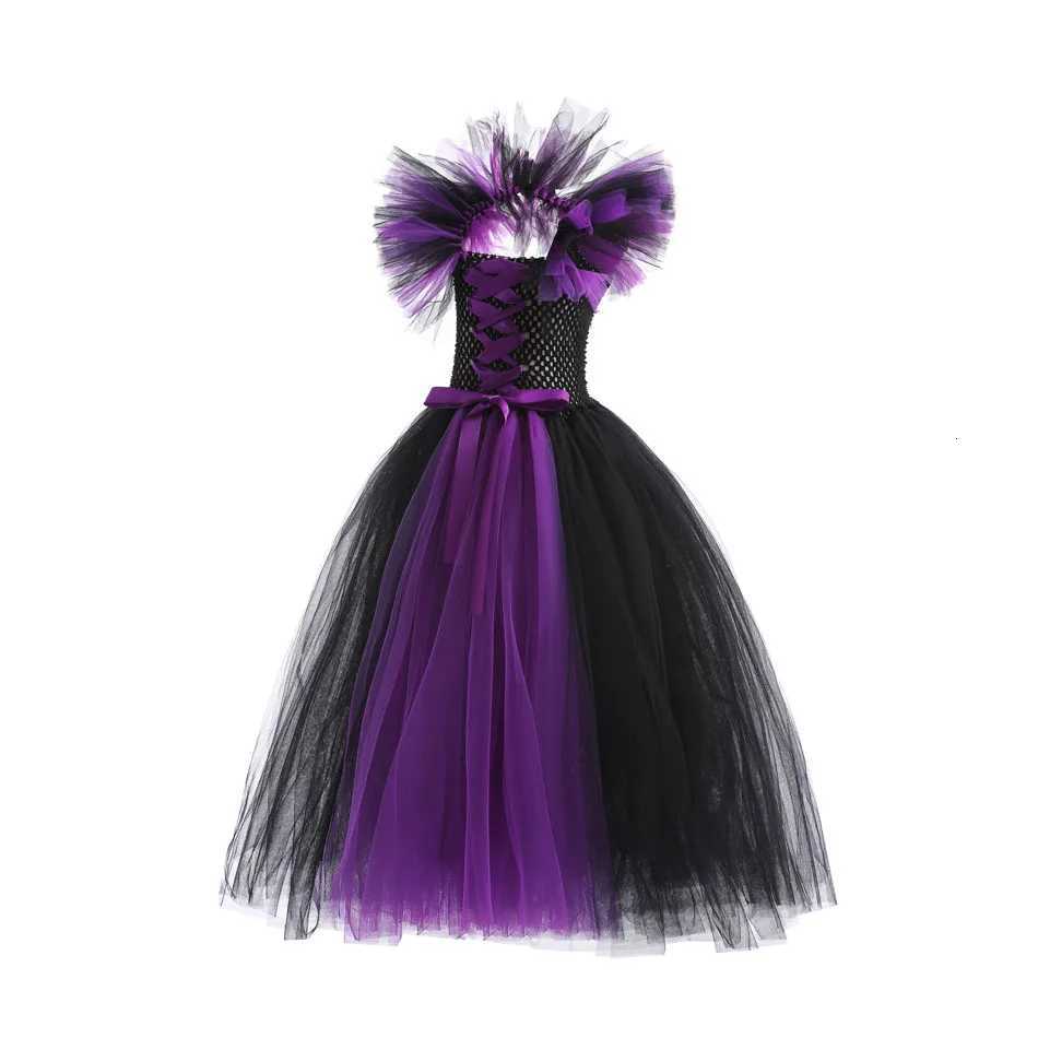 Halloween Witch Dress Girl Evil Queen Cosplay Costume Handmade Knitted Tulle Tutu Ruffles Floor Length Princess Outfits Z250725