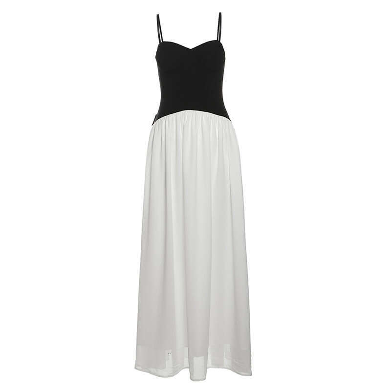 2025 Summer New Color-Block Patchwork Niche High-End Slim Fit Elegant Off-Shoulder Sleeveless Dress a74