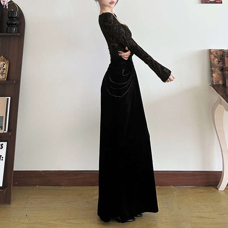 2024 Autumn Winter New Women's Solid Color Slim High Waist Street Fashion Square Neck Long Sleeve Dress 2d7