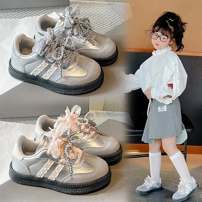Girls Sports Shoes Mesh Lace Bow Kids Casual Princess Style Ins Trendy Children Running Fashion Soft Sole 250725