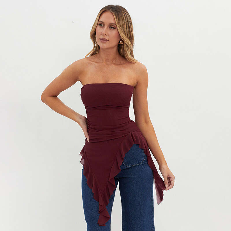 M23tp707 Women's Winter New Mesh Off-Shoulder Tube Top Backless Ruffled Blouse T-Shirt B5