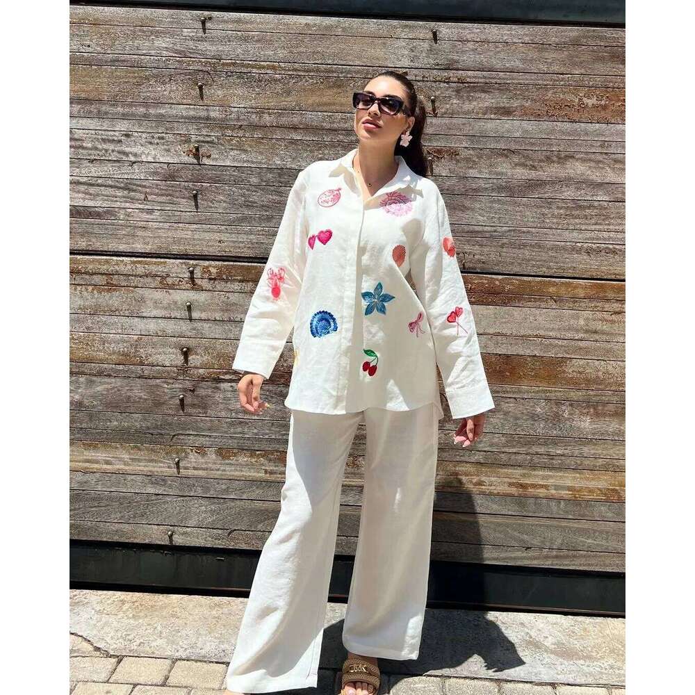 Designer Leisure High Quality Fashion Embroidery Casual Trousers Outfit Spring Women Long Sleeved Lapel Shirt+High Waist Loose Wide Leg Pants Two Piec