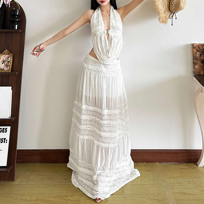 2025 Spring New Women's Solid Color Halter Neck Backless Vest Fashion High Waist Skirt Set a73