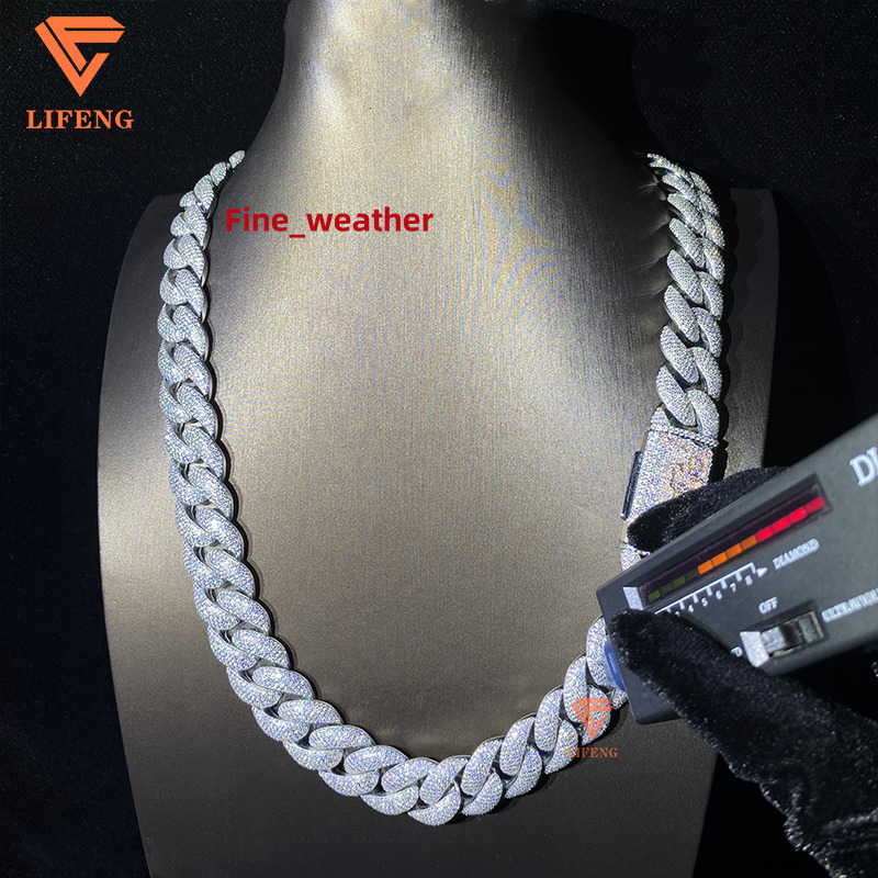 18mm 20mm 5-Row Moissanite Diamond Tester VVS1 Miami Cuban Link Chain 925 Sterling Silver Necklace with White Gold Finish