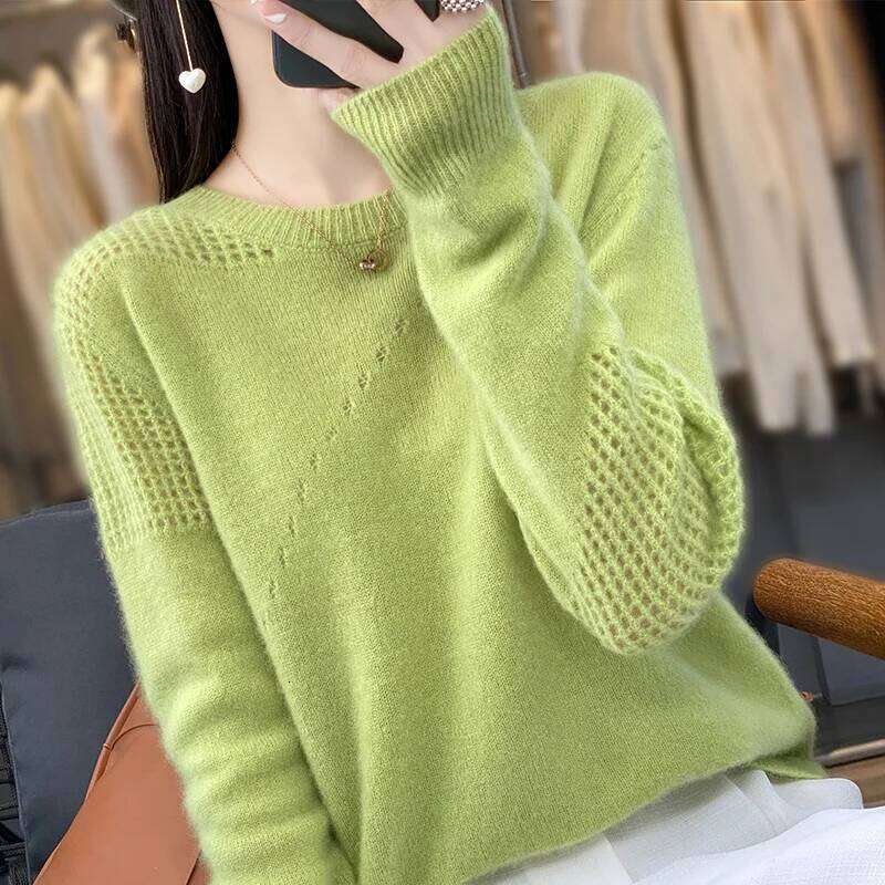 Autumn/Winter New 100% Pure Wool Sweater Casual Solid Color Knit Blouse Round Neck Hollow Tops Loose Fashion Ladies Pullover MDNG
