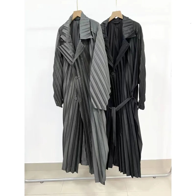 Miyake Pleated Mens Trench Coat Spring Summer Casual Fold Jacket Solid Personality Original Long Pleat Jacket 250714