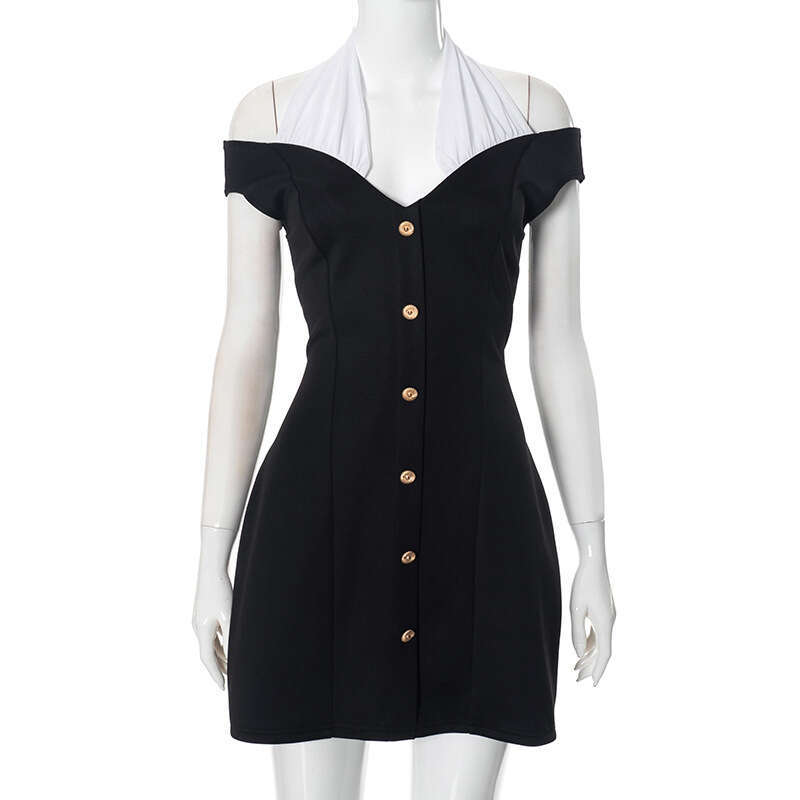 Yds399 Women's Autumn New Color-Block Halter Backless Button Waist Dress B5