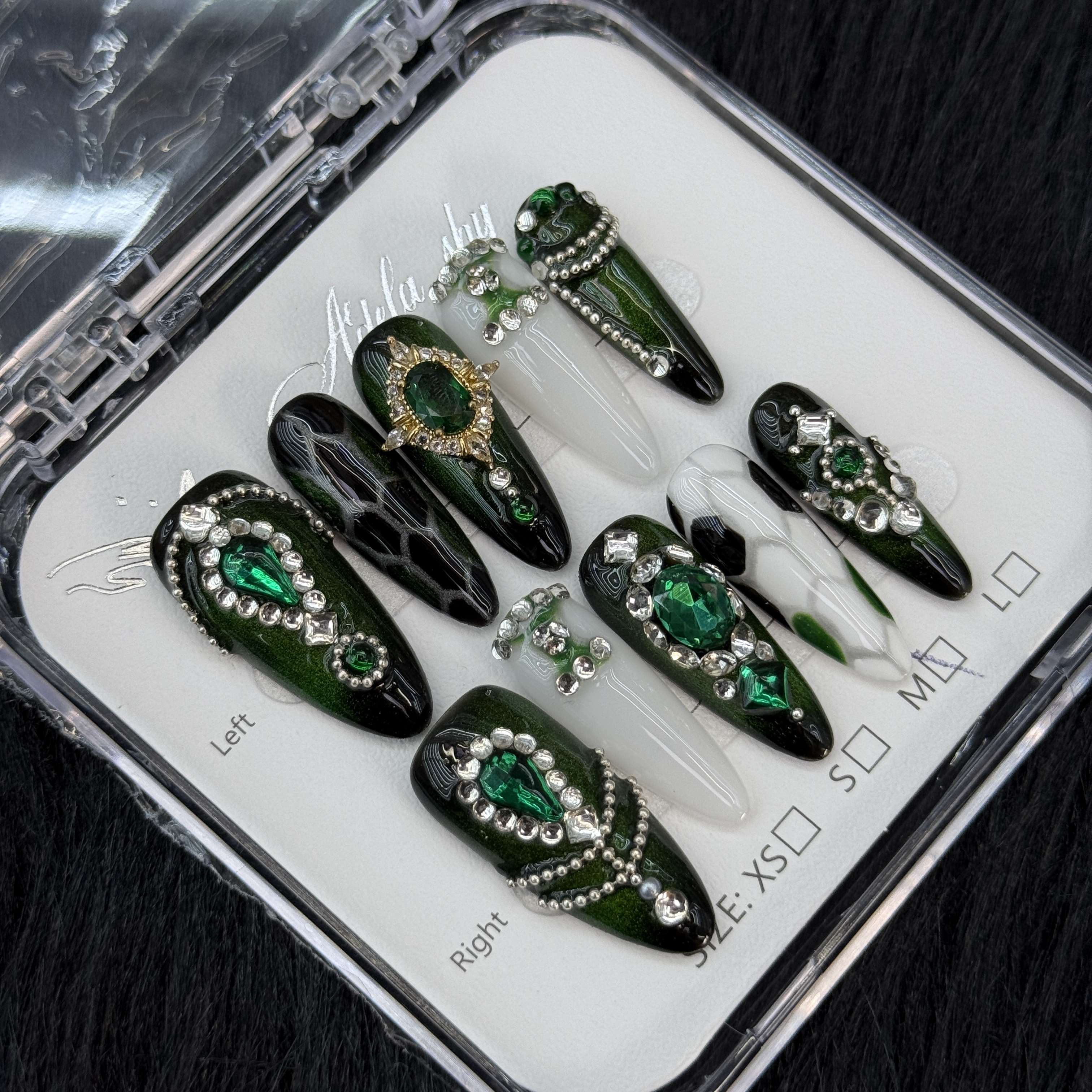 Gothic Emerald Gemstone Studded Stiletto Press - on Nails