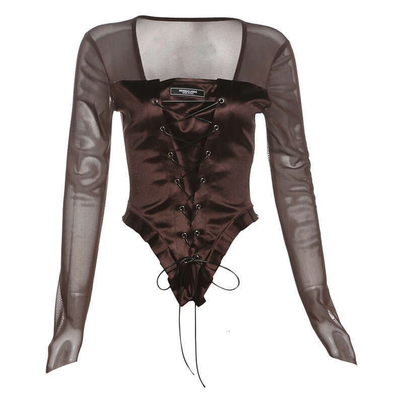 2024 Autumn New Women's Fashion Solid Color Slim Street Style Square Neck Mesh Long Sleeve Top 659