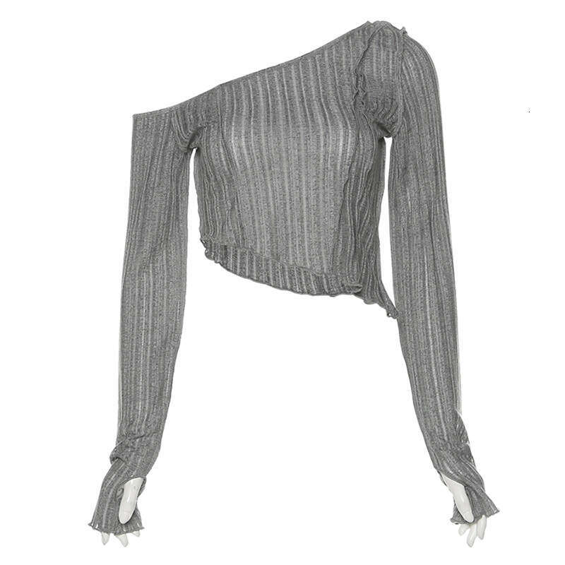 2024 Autumn New Women's Fashion Solid Color Slim Fit Crop Top Irregular Asymmetric Shoulder Long Sleeve T-Shirt 393