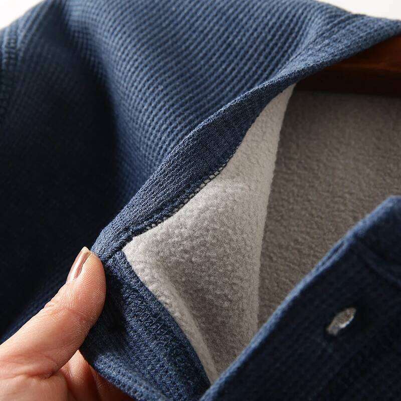 Men's Tops Winter New Veet Thickened Long-sleeved Henry Collar Buttons Waffle T-shirt Large Size Solid Color T Shirts Tees