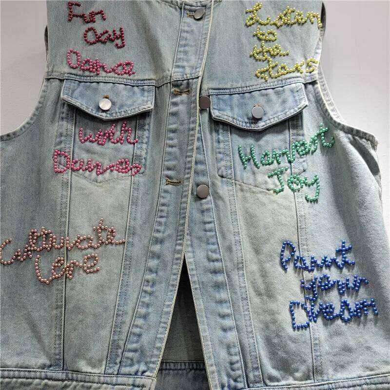 Women's Denim Waistcoat Colorful Letters Beaded Sleeveless O-Neck Single Breasted Vest 2025 Summer New Fashion 29A1497