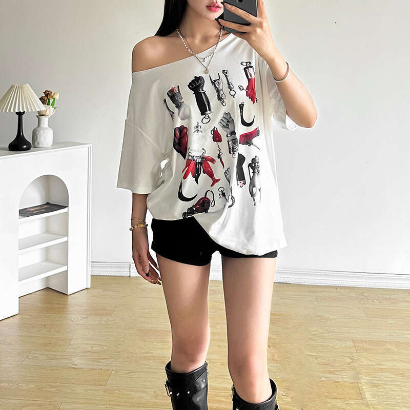 2024 Summer New Women's Solid Color Loose Street Fashion Asymmetrical Neck Short Sleeve Mid-Length Top 29b