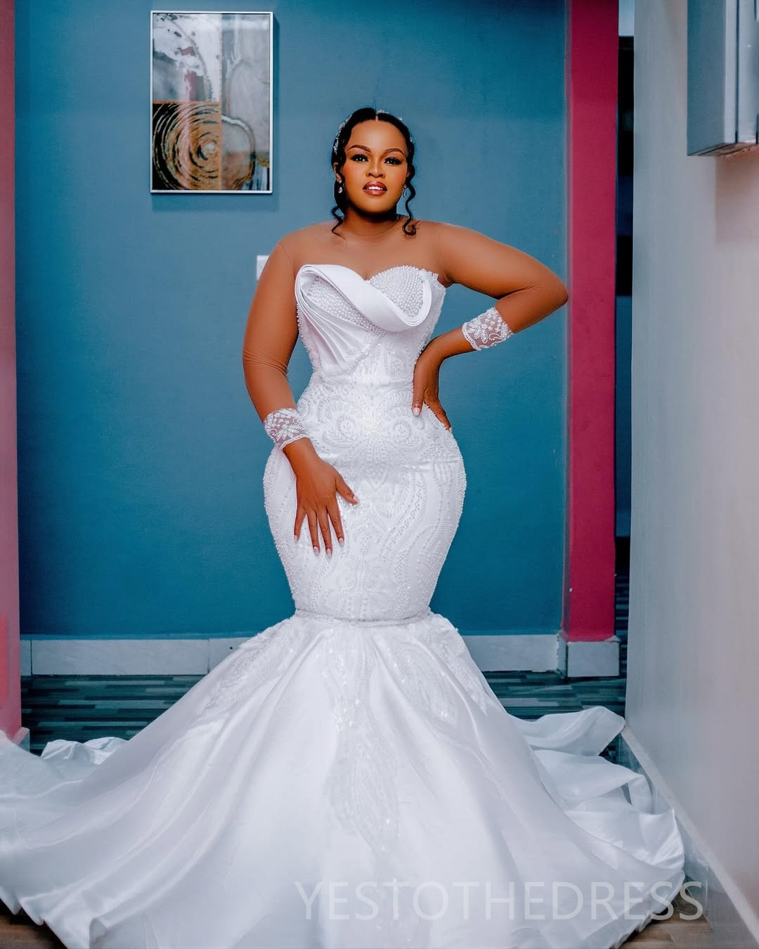 2025 Plus Size Wedding Dresses Bridal Gowns Mermaid Illusion Sheer Neck Long Sleeves Beaded Lace Tiered Tulle Pearls Wedding Gowns for African Black W
