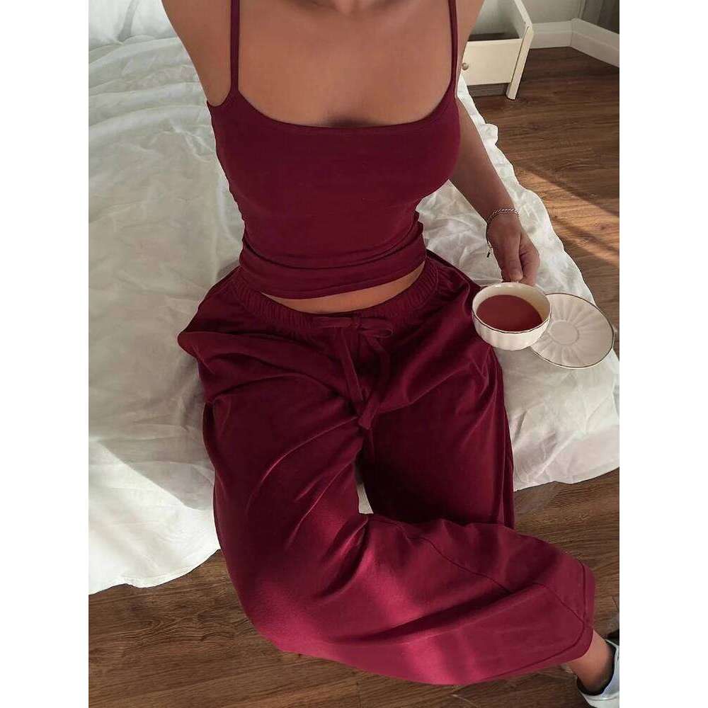 Designer Leisure High Quality kliou Casual Daily Women 2 Piece Set Basic Active Solid U-neck Backless Camisoles Top+Loose Elastic Waist Pants Mujer Tr