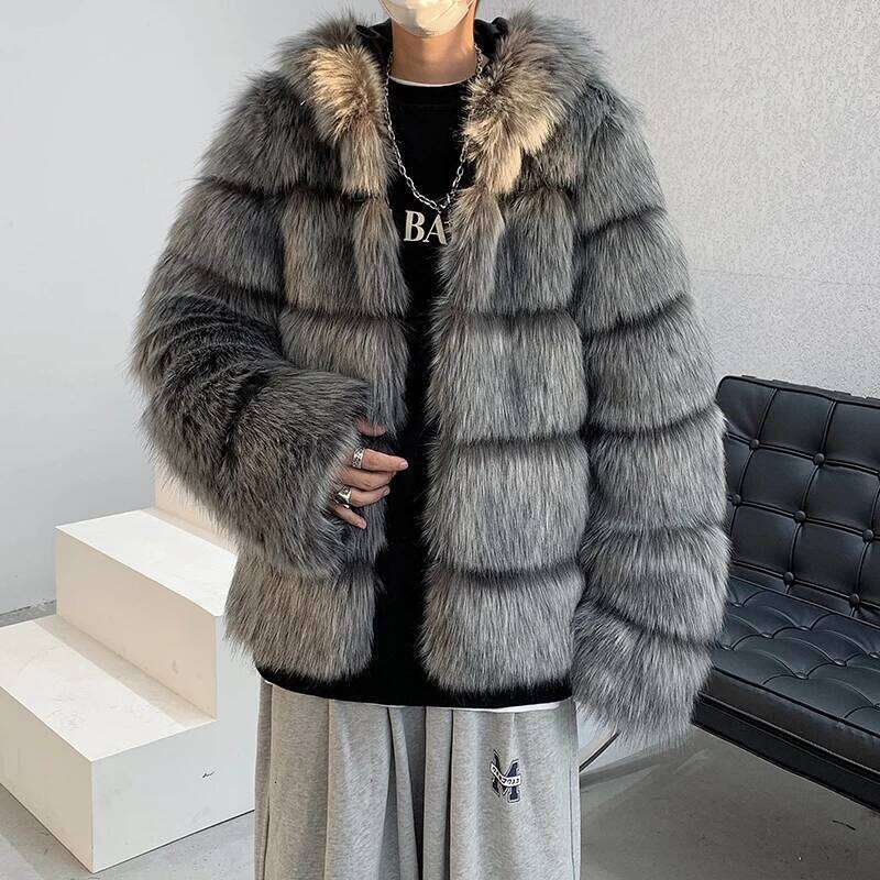 2025 Winter New High-End Imitation Striped Cotton-Padded Coats Men's Fashion Trendy High Street Cotton Warm Faux Fur Jackets