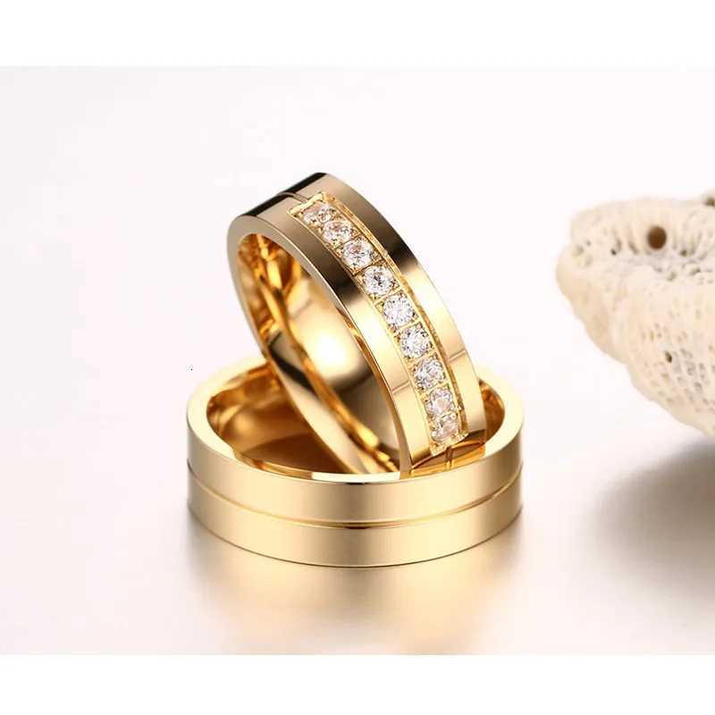 Vnox Trendy Wedding Ring Female/Male Love Gift Gold Stainless Steel CZ Promise Couple Jewelry W250417