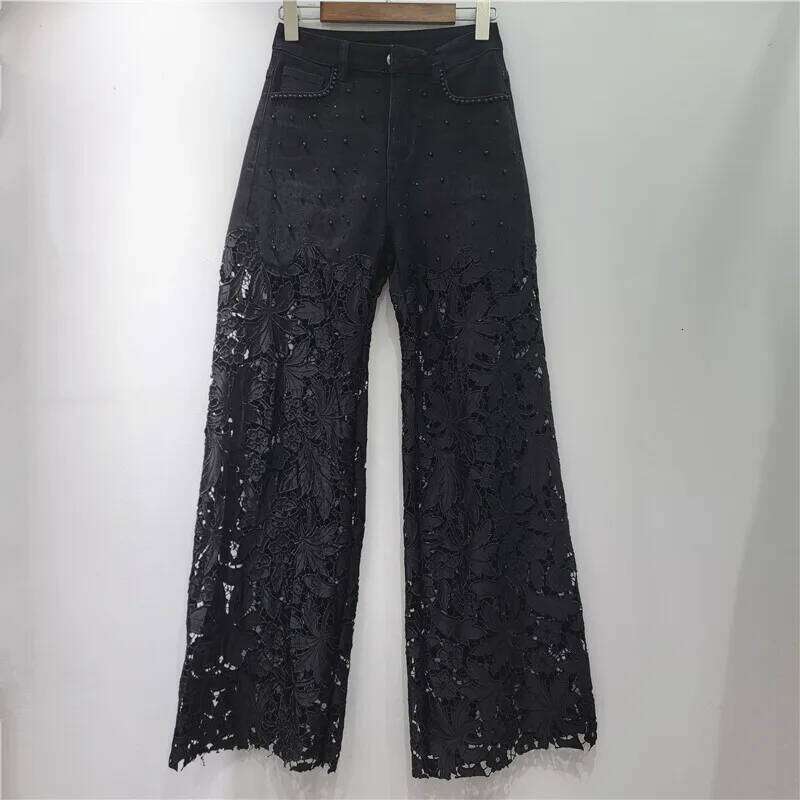 Women's Denim Pants Black Dias Patchwork Lace Hollow Out Embroidery Straight Jeans 2025 New Summer Fashion 29A1882