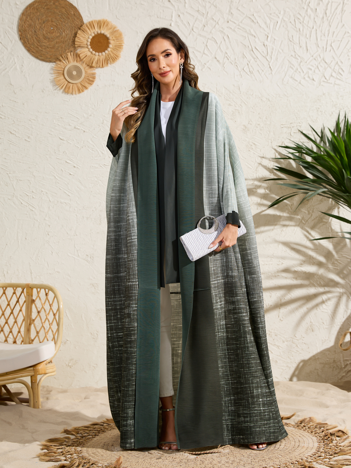 Long robe coat Ethnic Clothing The Middle Eastern printed pleated robe coat is elegant in Arab style NZ018