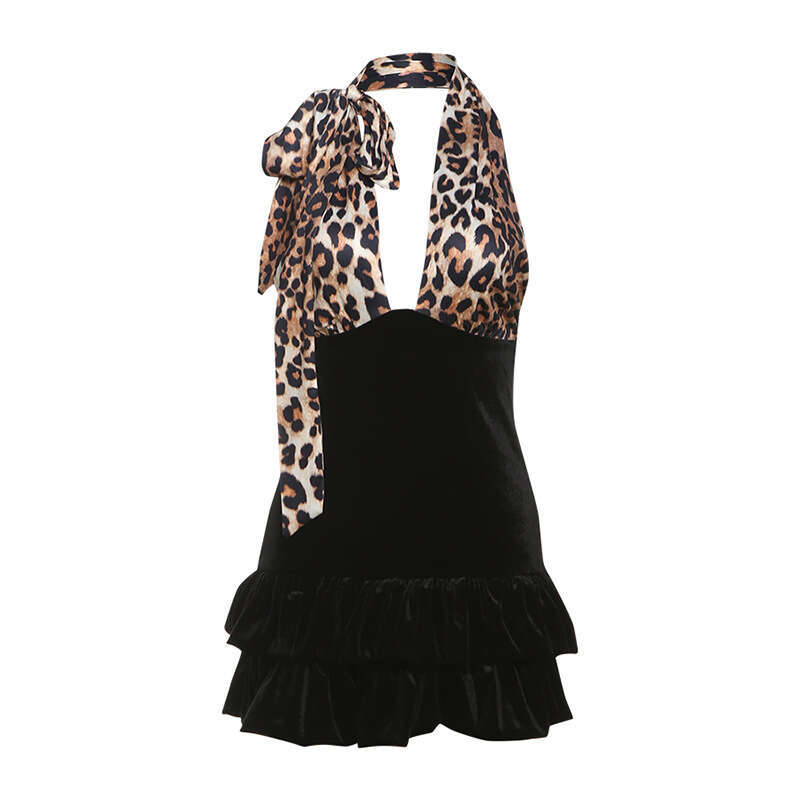 2025 Summer New Spliced Leopard Print Slim Fit Street High Waist Halter Backless Dress for Women 6c8