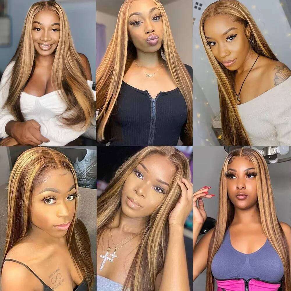 250 Density 13X6 Highlight Ombre Front Wig 4/27 Honey Blonde Human Hair Bone Straight Lace Frontal Wigs For Women
