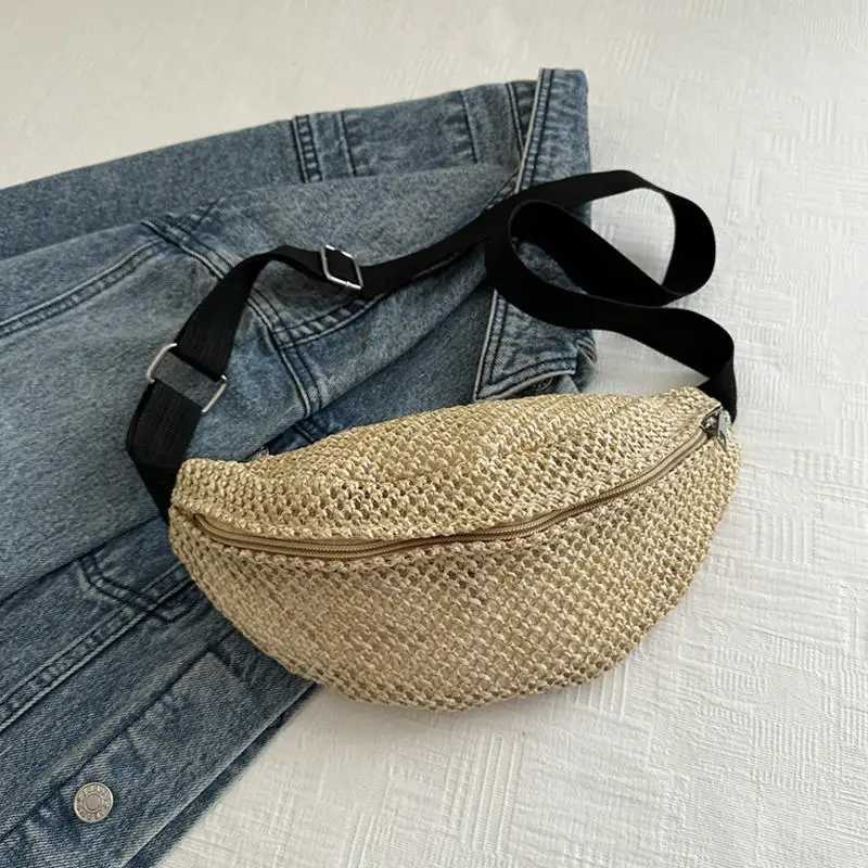 Half Mo Str Woven Waist Bag Bohen Shoulder Beach Anti-theft Woven Handbag Large Capacity Adjustable Ch Bag Y250724