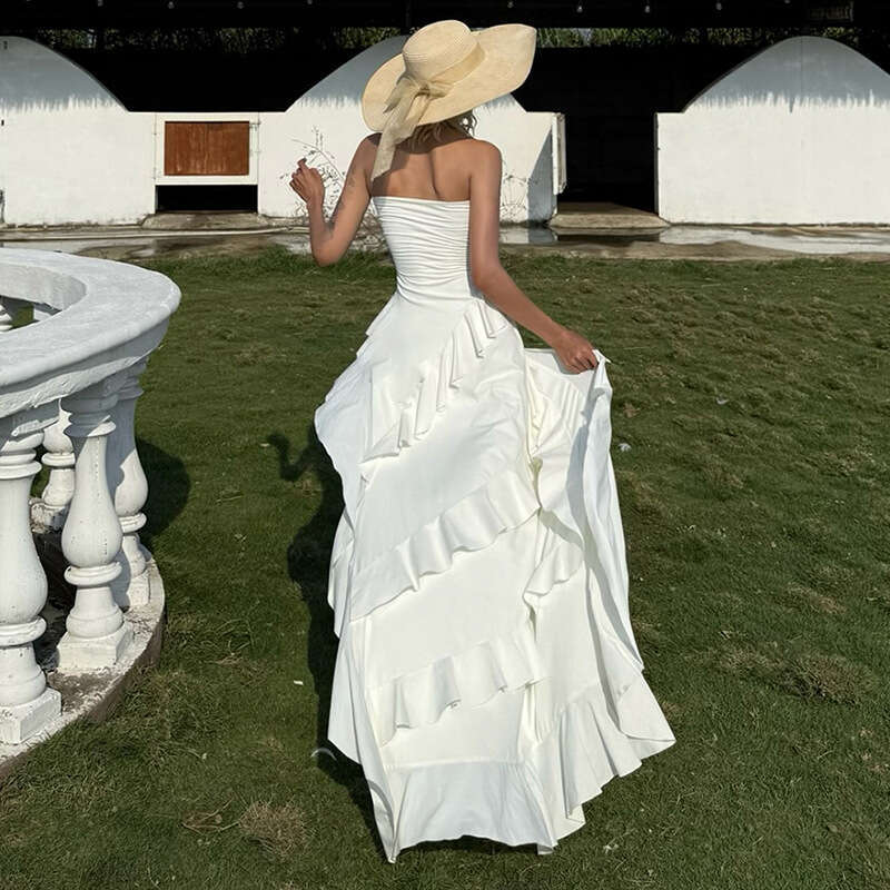 2025 Summer New Sexy Pure Desire Irregular Waist-Cinching Strapless Backless Lace Dress for Women 0cc