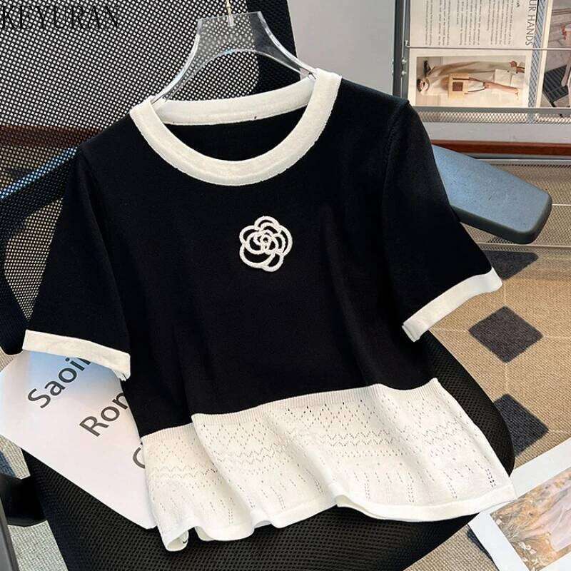 Designer Leisure High Quality 2025 Summer Thin Ice Silk Knitted Sweater T-shirt Women Round Neck Short Sleeve Patchwork Pullovers Knitwear Tops Ladies