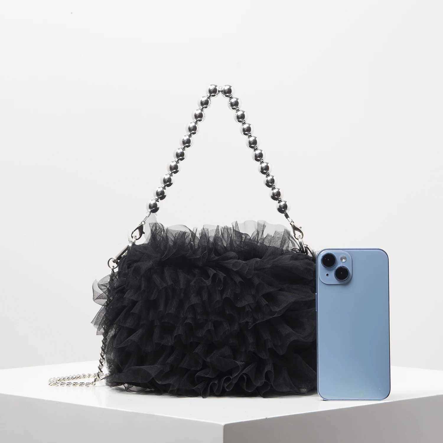 Netted Ruffled Tote Bags for Ladies Metal Chain Crossbody Bag Dresses for Women Elegant Bag for Women Wedding Items Y250725